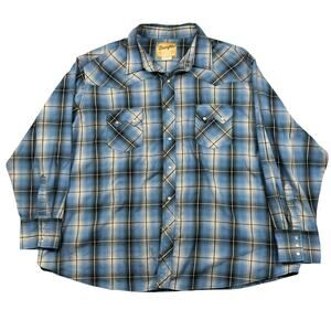 Pearl Snap Western Shirt Men's 3XL Wrangler Plaid‎ Blue Long Sleeve Button Up